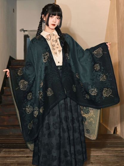 with Goth Design Open Leaf Green - Dark Cheongsam Style Print Placket Shawl