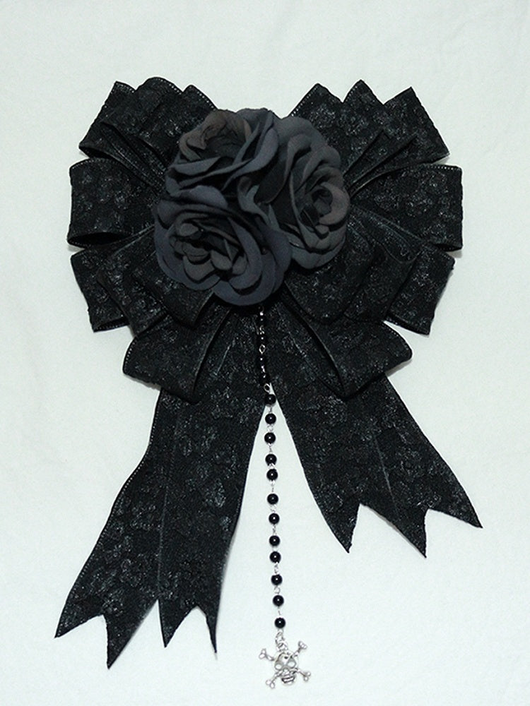 Lolita Design Floral And Black with Skeleton Beaded Hairclip/Brooch Gothic Bow Charm