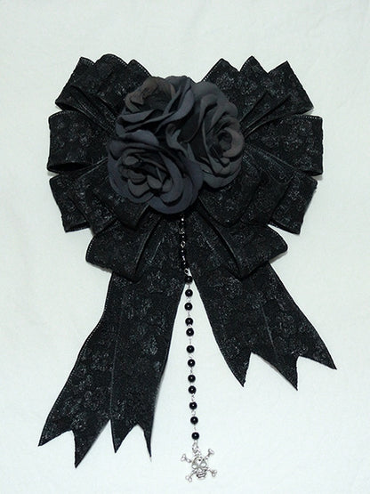 Lolita Design Floral And Black with Skeleton Beaded Hairclip/Brooch Gothic Bow Charm