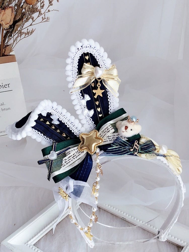 ビーズ付きバニースター グリーン/ブラックピンク ぬいぐるみクマと装飾耳 KCチャーム