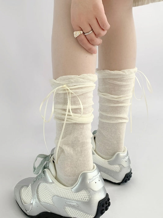 Socks Ribbon Calf Bow Decorated White/Gray/Pink Cream