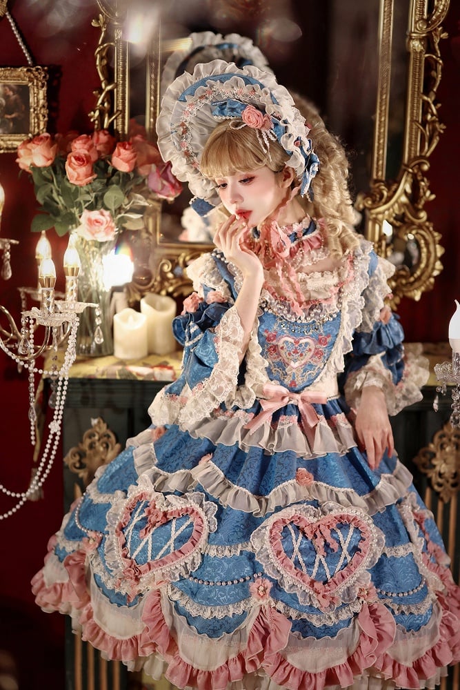 Blue Hanayome Rosette Embroidery Floral Bead Chain Lolita OP - Bramble Rose