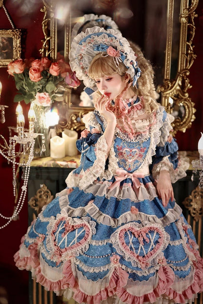 Rosette Embroidered Floral Bead Chain Blue Hanayome Lolita Dress - Bramble Rose