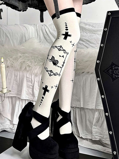 Cross Spades Poker/Ace Black Print Stockings Over-knee of Butterfly