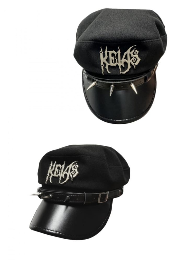 スタッズ付きブラックパンクベレー帽