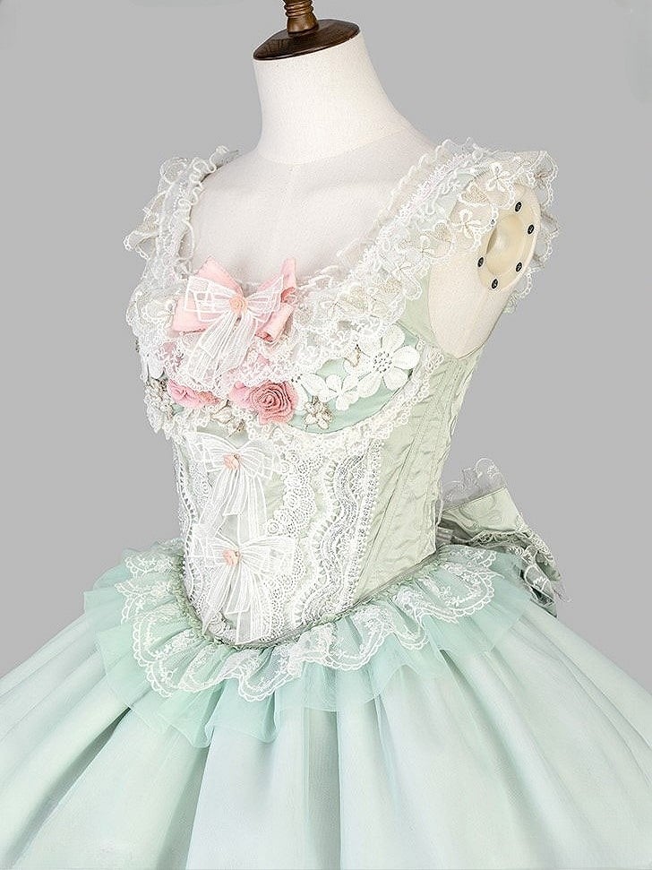 and Sweet Skirt Corset + Lace-Trimmed Bow Jacquard Green Decorated Lolita Lace Top