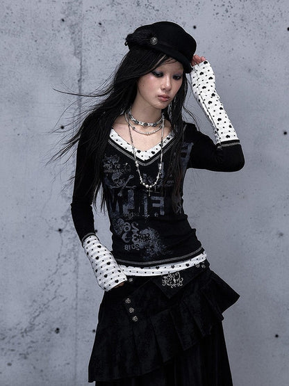 Rock Black Print Details V-neck - Top Punk Shoulder Button Sleeve Long Number