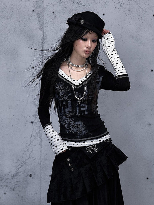 Rock Black Print Details V-neck - Top Punk Shoulder Button Sleeve Long Number