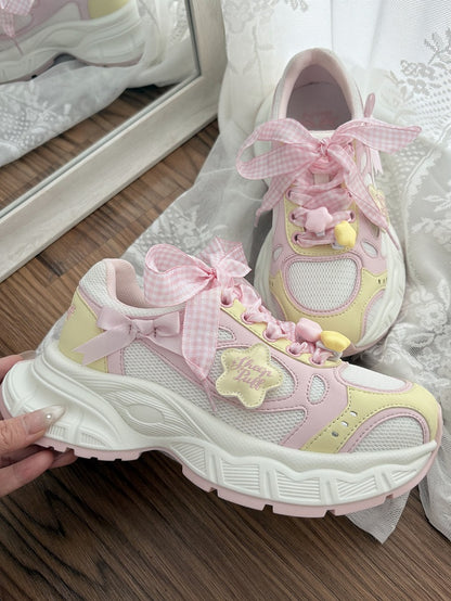 in Platform Pink Lolita Design Bow Plaid Lace-up Star Sweet Details Sneakers Yellow And