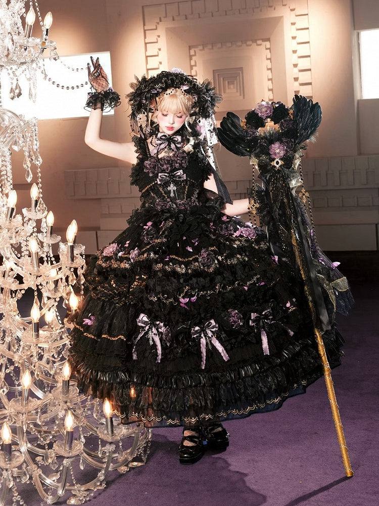 Ankle-Length Black & Purple Hanayome Hime Dress with Butterfly and Flower Accents - Cat Fairy Lolita