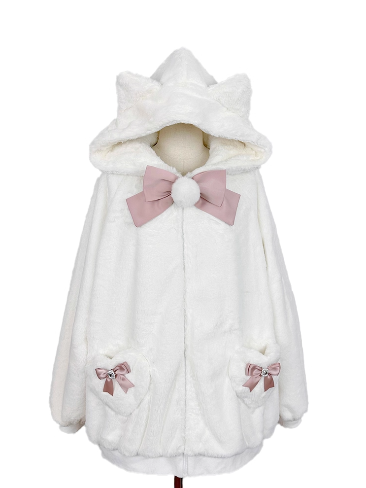 12 Kitty-Ear Jacket Bows Detachable Hooded with Pompom Jirai Available Colors Plush Kei