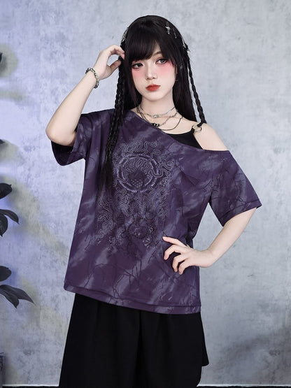 Gothic Purple Faux Two-Piece Off-Shoulder Tee with Sea Lily Print - Quirky Hut