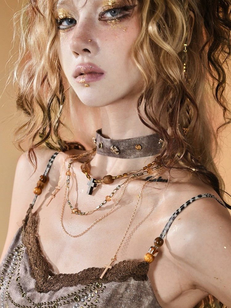 Cross Brown Pendant Beaded Punk Wasteland With Neacklace Choker