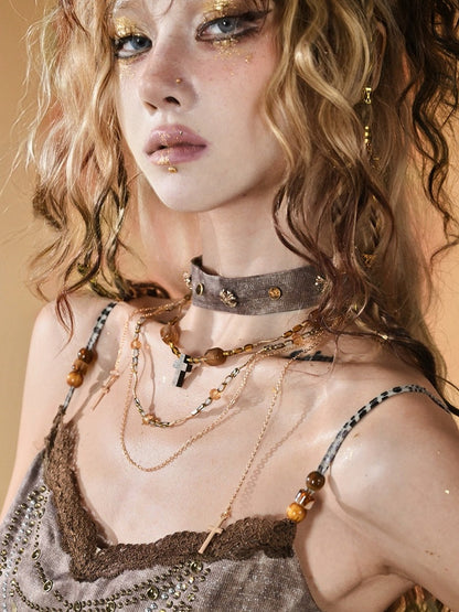 Cross Brown Pendant Beaded Punk Wasteland With Neacklace Choker