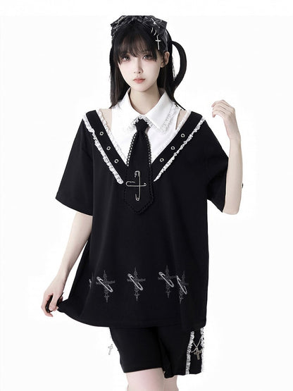 Free Print Cross with Tie Black T-Shirt Pin Shirt Collar