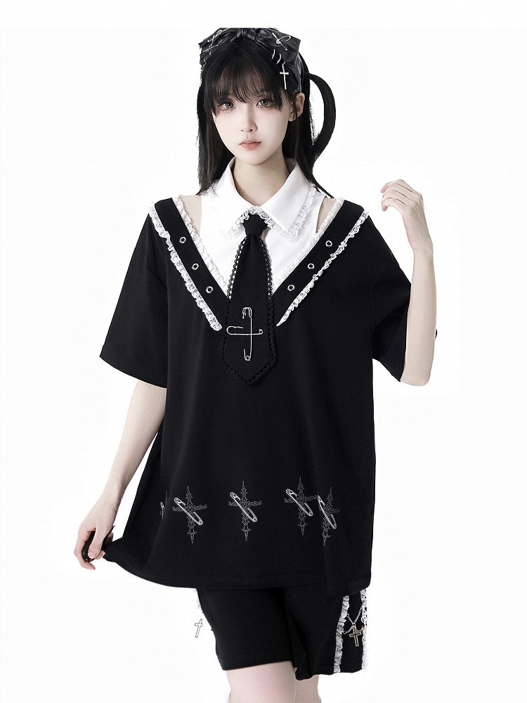 Lace Contrast Shorts Waist Trim Black Elastic Charms Cross