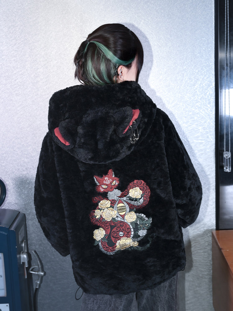 Drawstrings Coat Mythical Chain Cat Beast Metal Gothic with Hooded Ear Black Cheongsam Embroidery