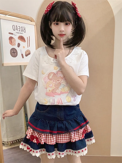 ショートバージョン 愛らしいマウスプリント ホワイト/ピンク レーストリム Tシャツ