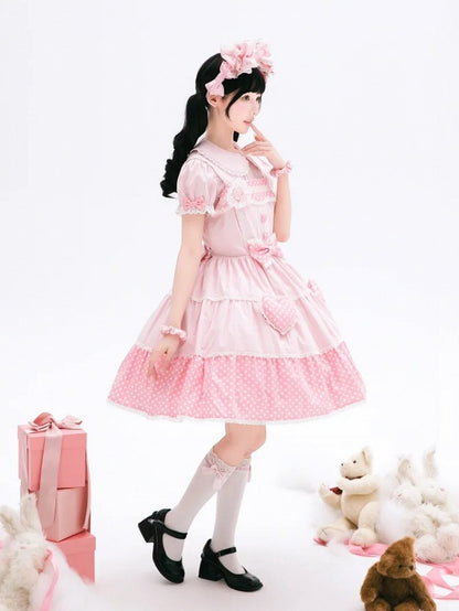 Baumwolle Alt Polka Pink Dots Schulkleid Lolita Weiß