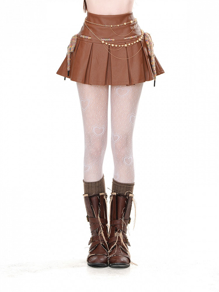 ミニスカート ウエストボックスプリーツ PU ブラウン ハイ