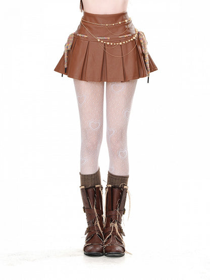 ミニスカート ウエストボックスプリーツ PU ブラウン ハイ