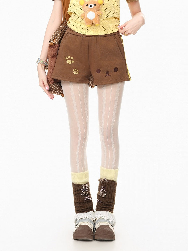 Kawaii Otaku Brown Shorts with Bear Theme Embroidery - Languid Park