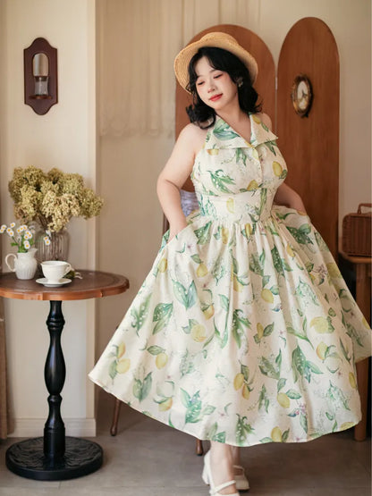 Neck Big Neckholder Fashion Backless Bow Lemon Green Retro Print Back Dress