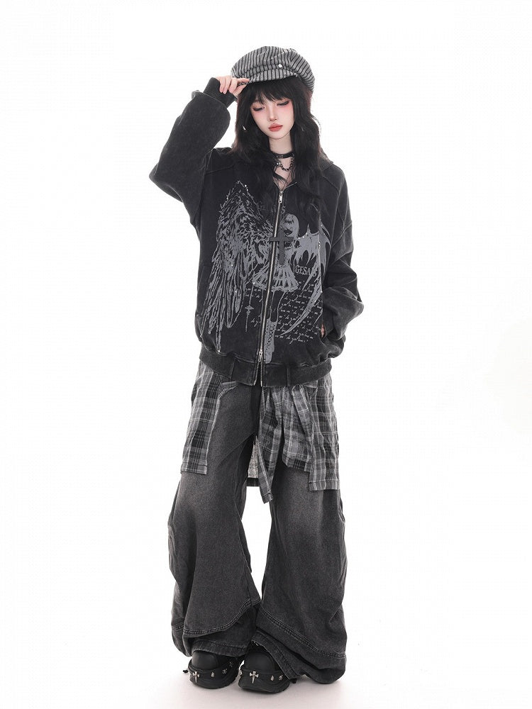 Dark Kawaii Dark Gray Zip-Up Hoodie with Portrait Graffiti Print - KNOW8 Online Shop