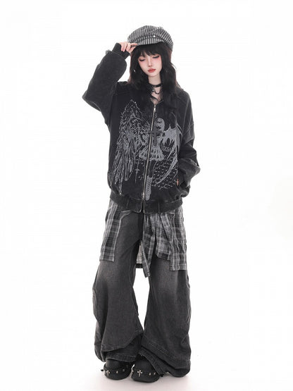 Dark Kawaii Dark Gray Zip-Up Hoodie with Portrait Graffiti Print - KNOW8 Online Shop