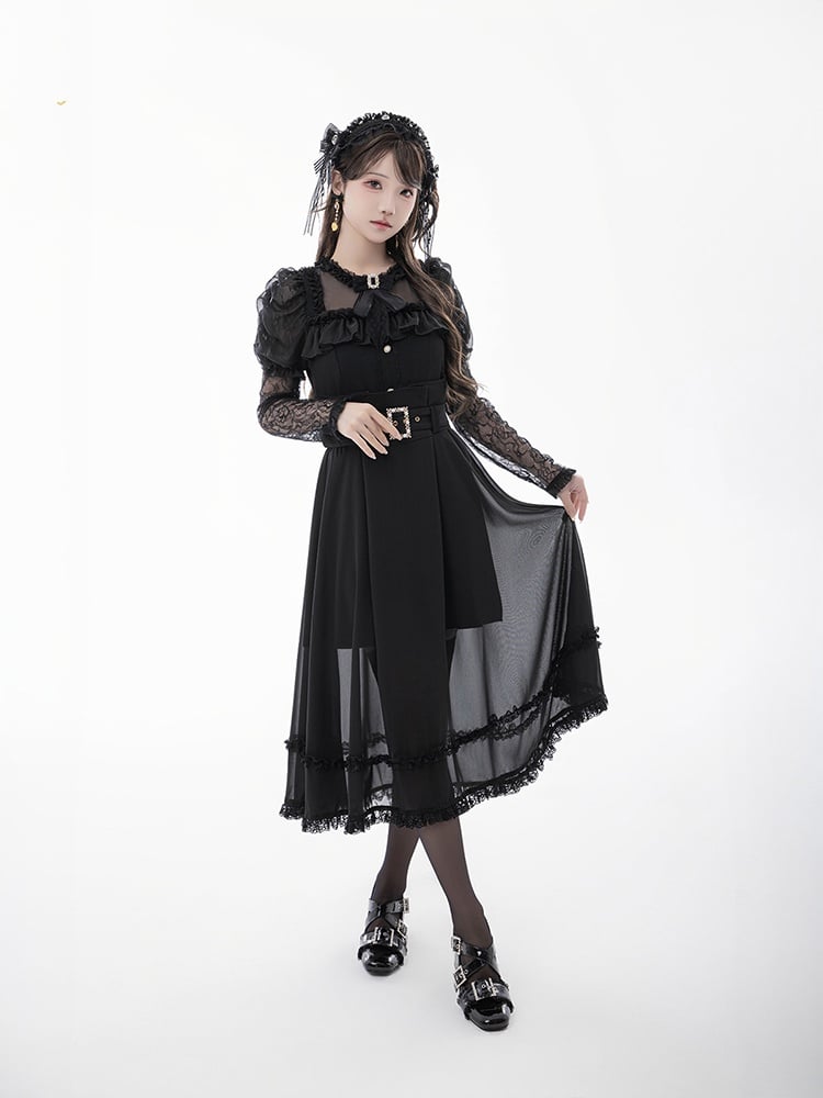 Tie Black Illusion Neckline Juliette Sleeves Jirai Kei Lace Blouse+Bow