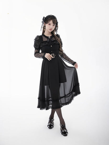 Tie Black Illusion Neckline Juliette Sleeves Jirai Kei Lace Blouse+Bow