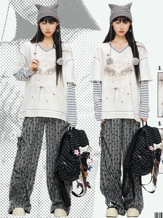 ホワイトフェイクツーピースVネックグラフィックTシャツ