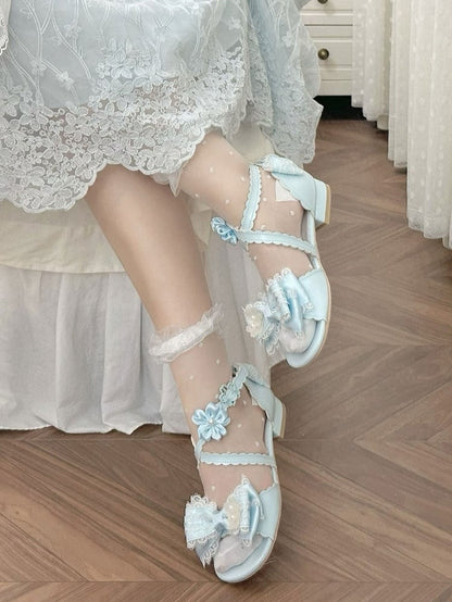 Kawaii Light Blue Buckle Sandals with Flower Lace Bow - Sheep Puff