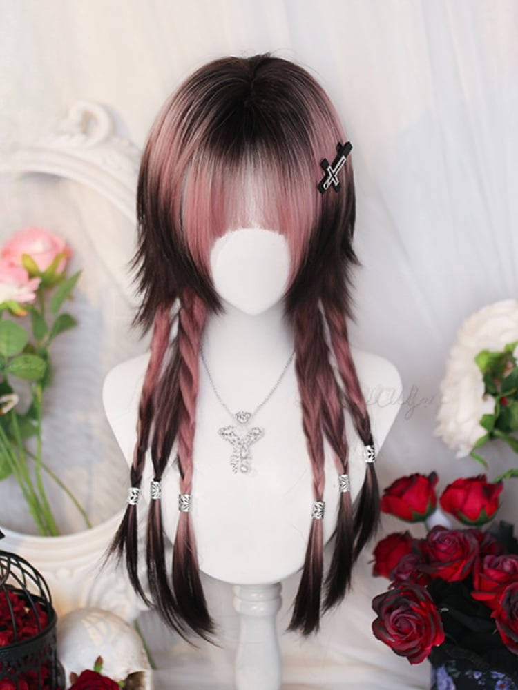 Pink and Brown Ombre Under Bust Length 60CM Straight Wig with Air Bangs