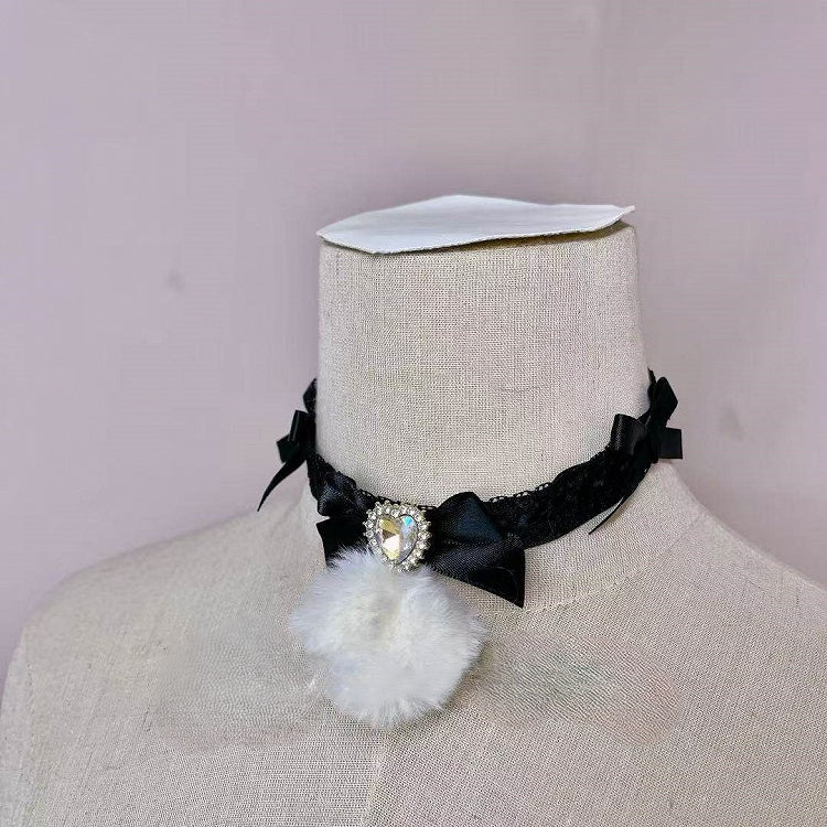 Heart Rhinestone Bow Choker Lace 6 Colors with Pendant