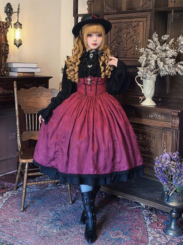 Waist Lolita Gothic Straps Drawstring Cross JSK Basque Dress and Red Shoulder Embroidery with Lace-Trimmed