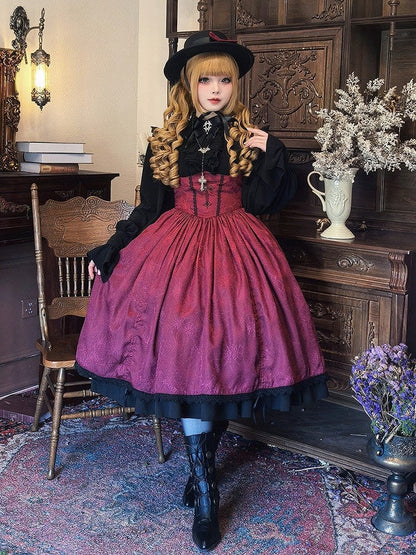 Waist Lolita Gothic Straps Drawstring Cross JSK Basque Dress and Red Shoulder Embroidery with Lace-Trimmed