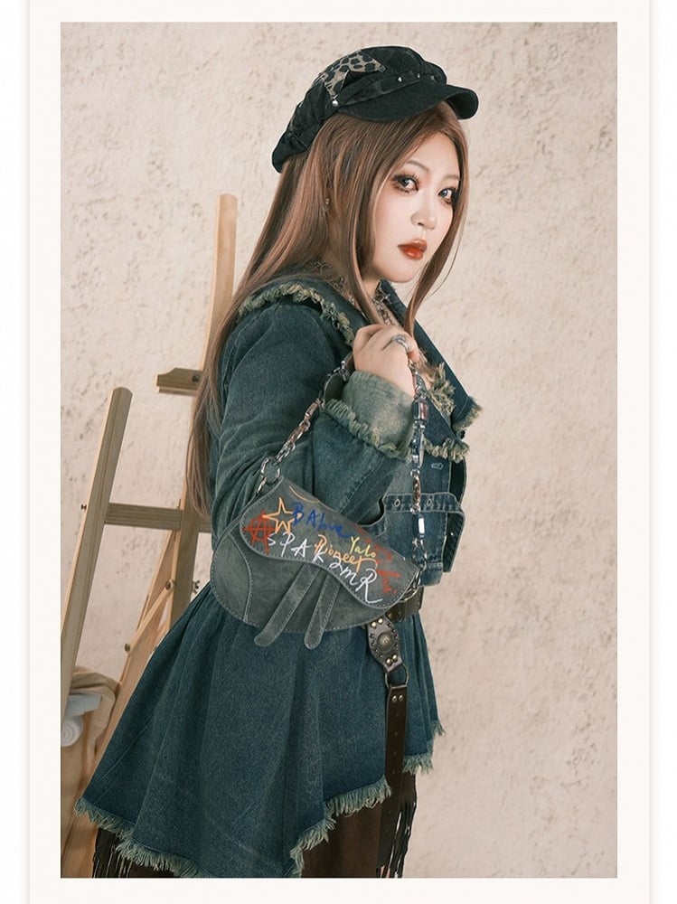 Size Jacket with Y2K Punk Hem Wasteland Plus Denim Gray-Blue Raw Crop