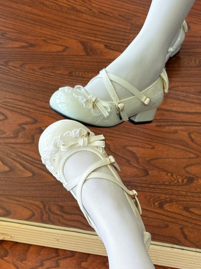 3cm/5cm with Bow Janes Heeled Mary Accents Sweet White Lolita Crisscross Straps