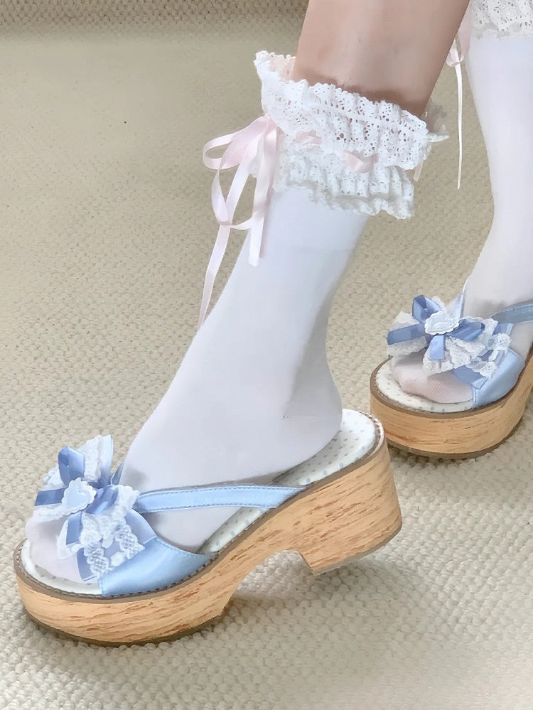 Platform Bow Grain Applique with Sole Decorative Heart Slippers Wood