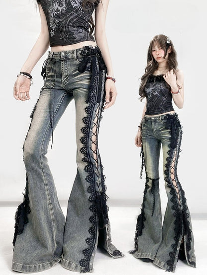 Trim Jeans Lace Blue Bittersweet Detail Flare Glamorous Side Silhouette Lace-up