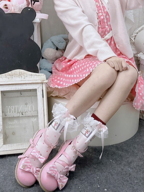 Lolita Calf Pink Bowknot Lace Pattern Details Cuffs Pearls Polka-dot Ruffled With Socks