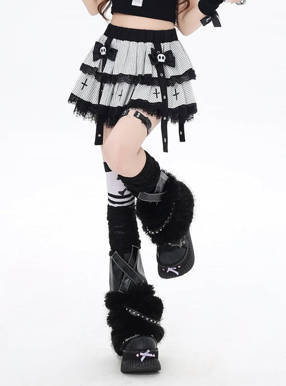 mit Schleife, gestufter Rockclips, weiße Streifen, Spitzenbesatz, Punk-gefüttert, Skelett