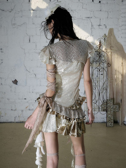 Gold Satin Two-Piece Asymmetrical Dress with Ruffle - NO ROMANCE