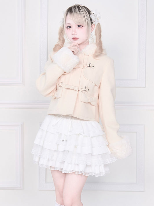 Bow Coat Plush Kei Short Jirai Apricot Trim with Hooded Pockets and