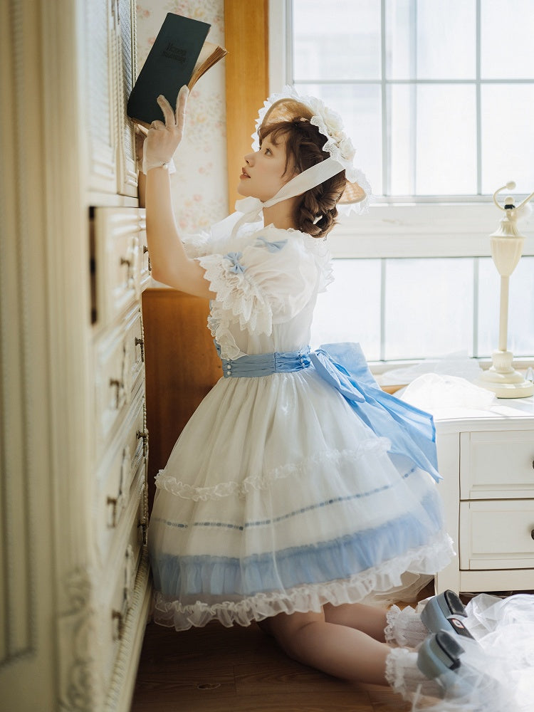 Lolita Bow Dress with Blue Accents and Classic Ruffle White