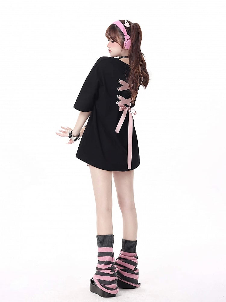 T-shirt with Details Multi-Color Black Ribbons Bow Lacing Back Print