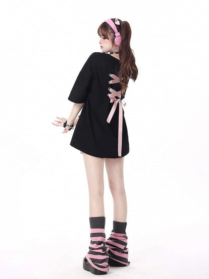 T-shirt with Details Multi-Color Black Ribbons Bow Lacing Back Print