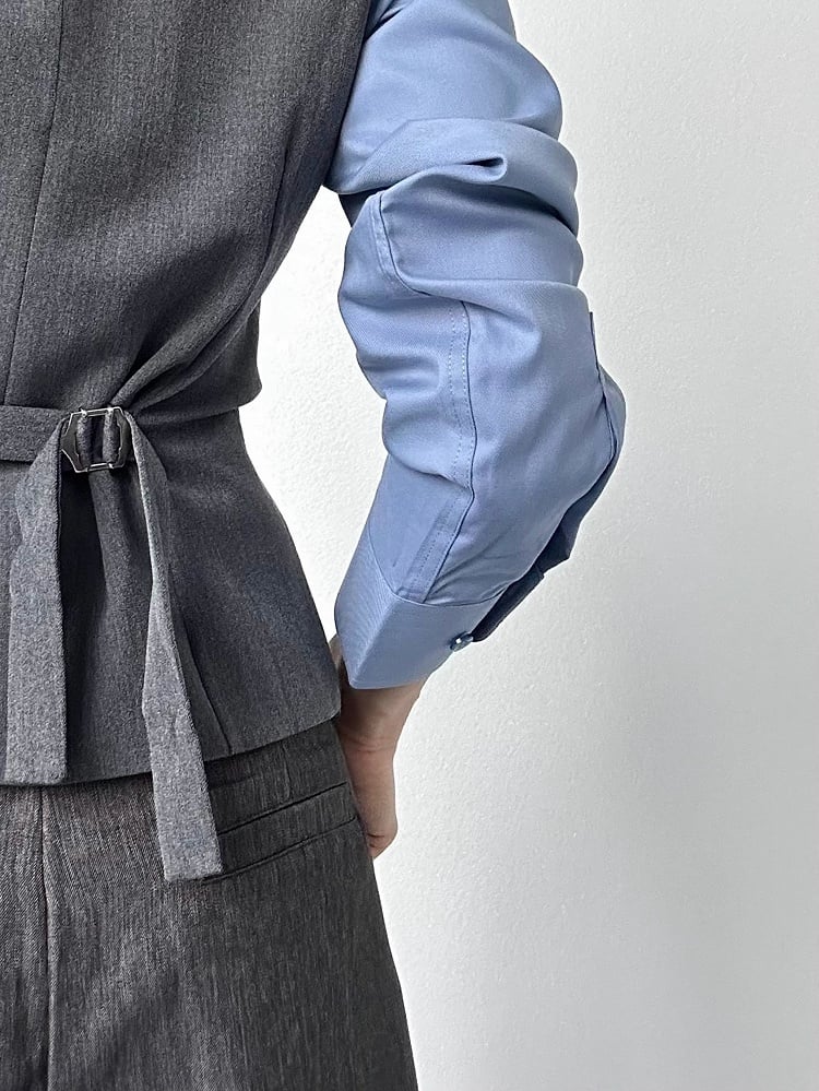 Button-Front  Gray Ouji Lolita Closure V-Neck Vest with Suit