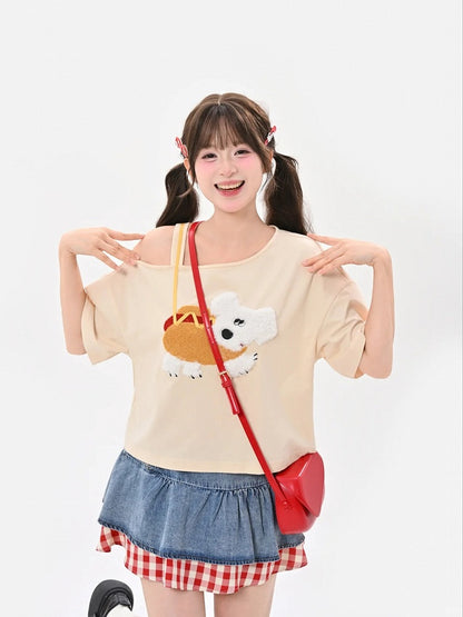子犬のアップリケTシャツ 非対称ネックライン ホットドッグ アプリコットデザイン